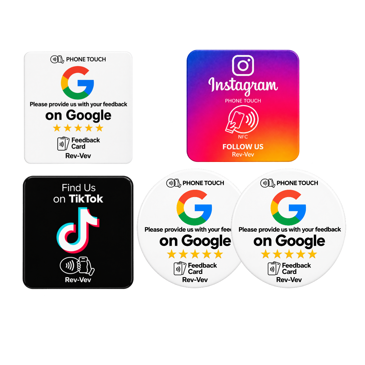 TAP ON REVIEW AND FOLLOW CARD AT A DISCOUNTED RATE: 1. Square Google review card - 1 2. Tap to follow the Instagram card -1  3. Tap to follow the TikTok card - 1  4. Round Google review card - 2
